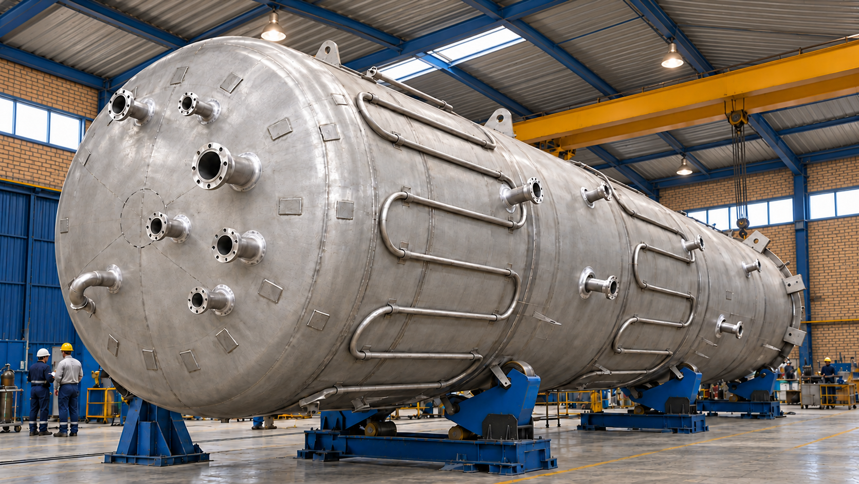 Petrochemical process vessel in a fabrication workshop