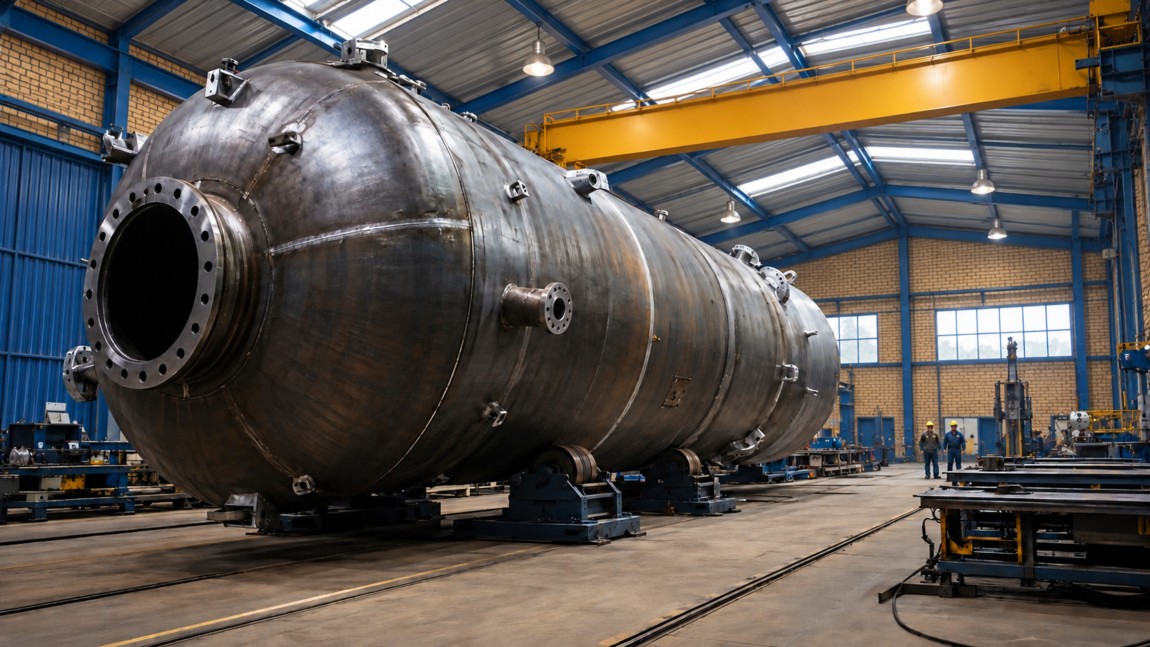 Large steel pressure vessel inside a fabrication workshop
