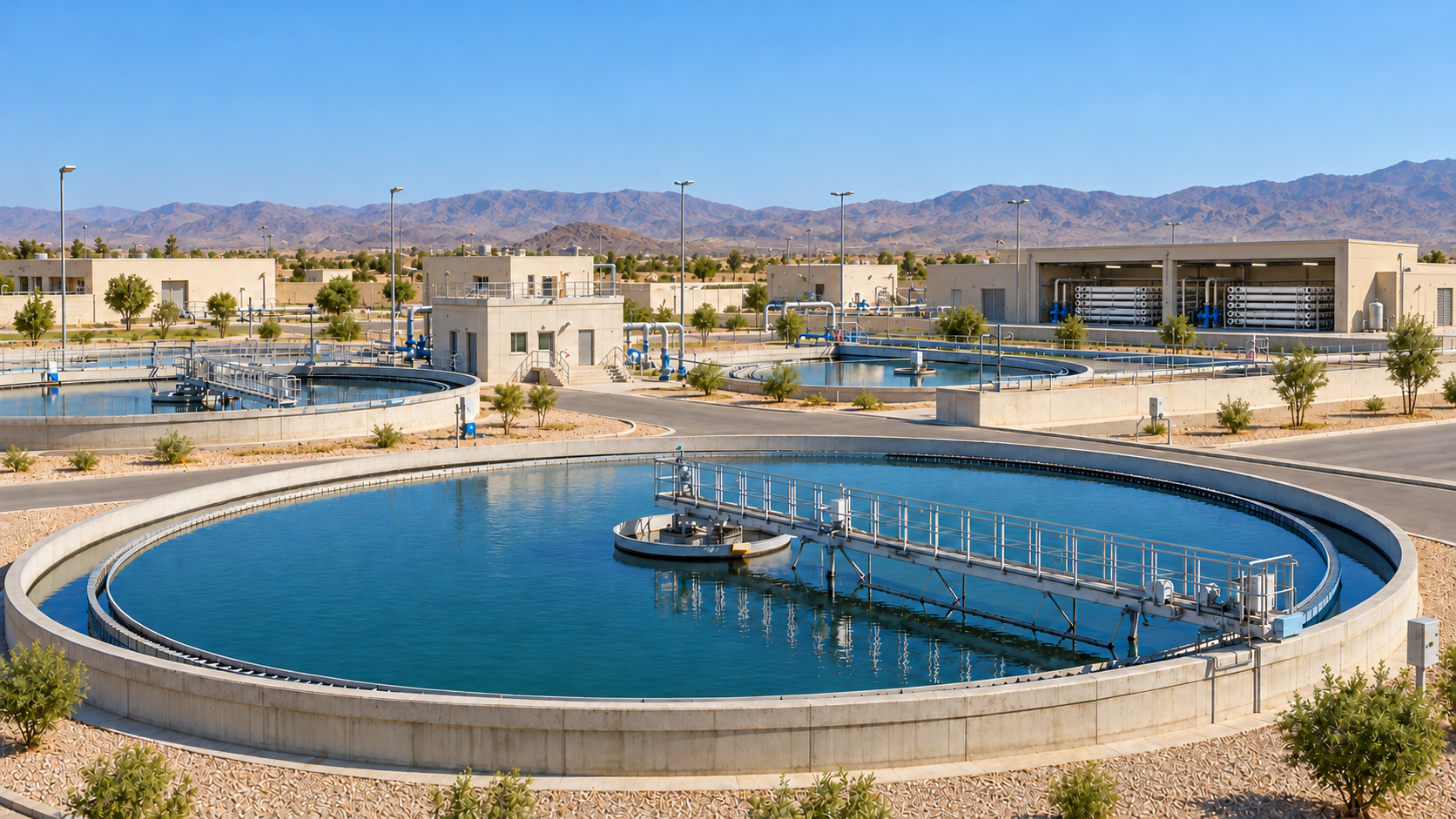 Illustration of a drinking-water clarification and reverse-osmosis facility